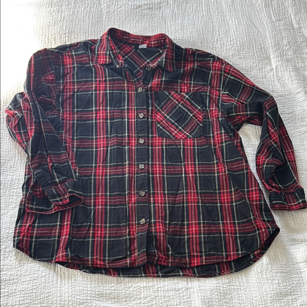 H&M Divided Red and Black Tartan Plaid Button Down Shirt, Oversized